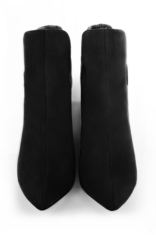 Matt black women's ankle boots with buckles at the back. Tapered toe. Very high slim heel. Top view - Florence KOOIJMAN